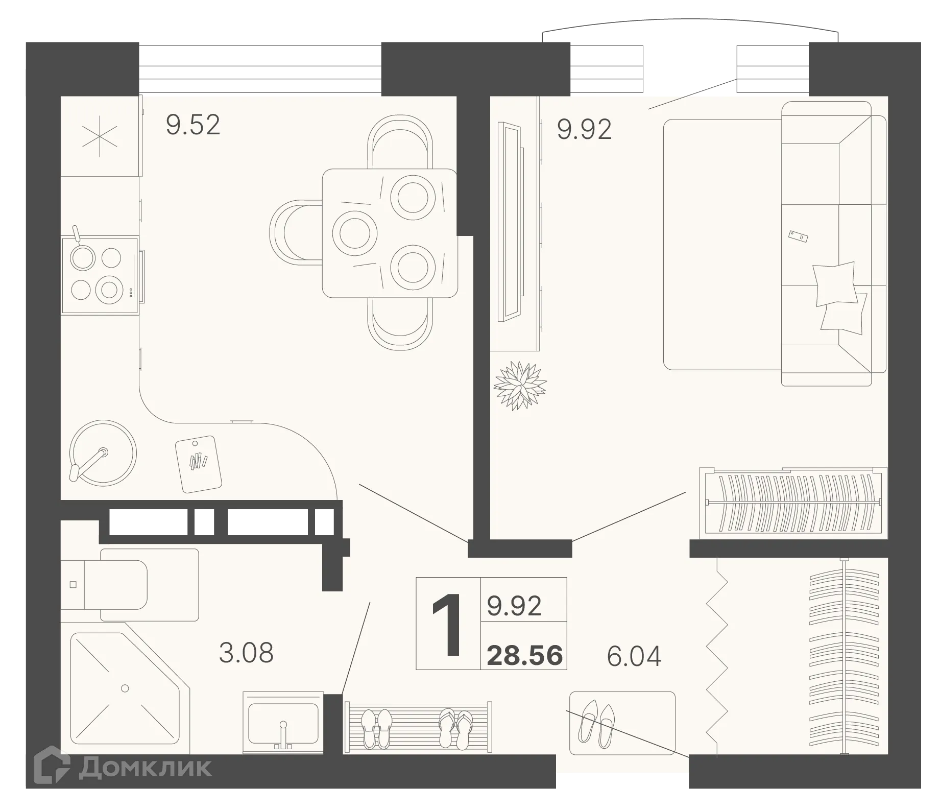 Планировка 1-комнатной квартиры 28.56 м² в ЖК Светский лес, г. Сочи — фото 1