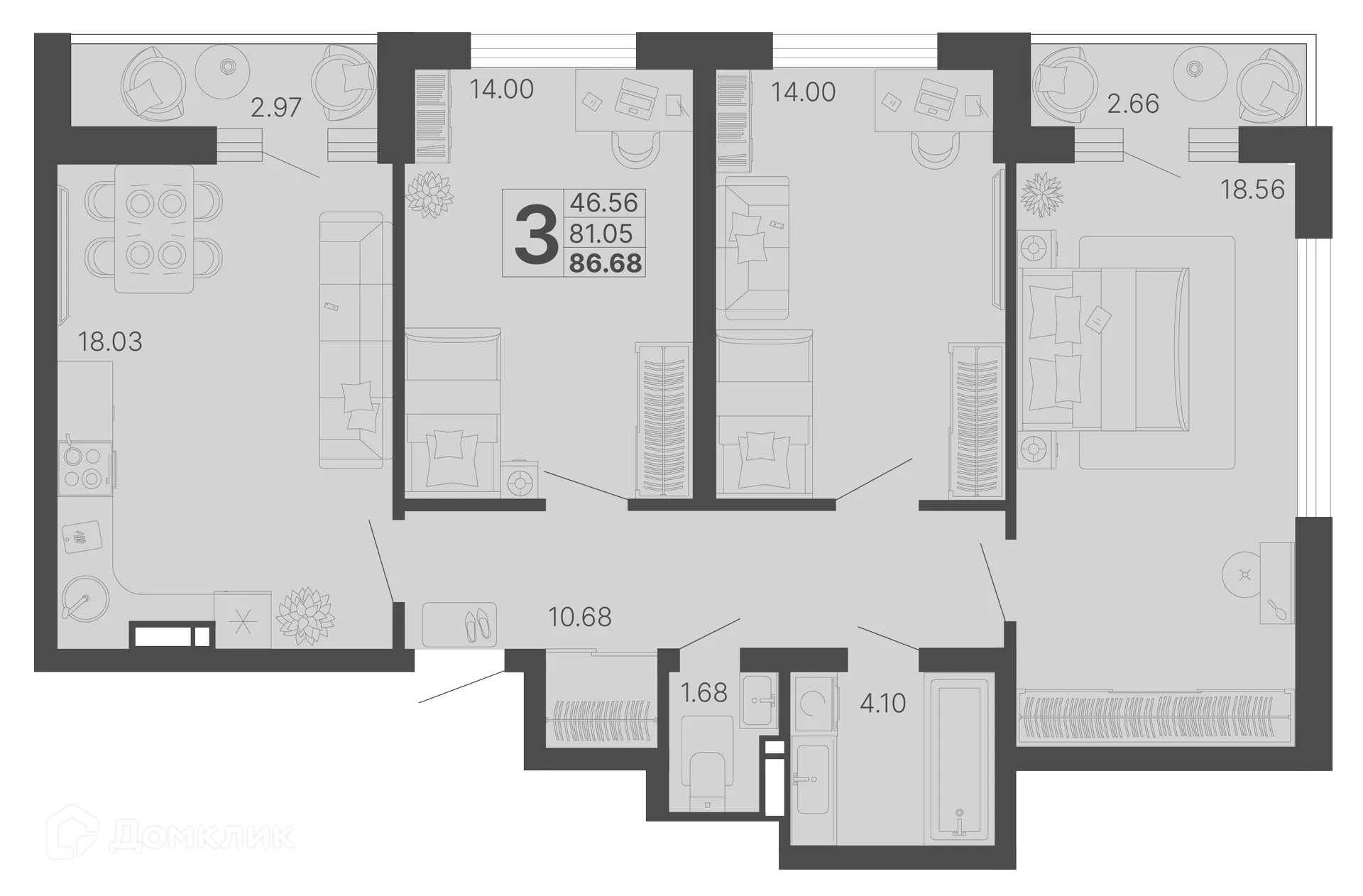 Планировка 3-комнатной квартиры 83.87 м² в ЖК Светский лес, г. Сочи — фото 1