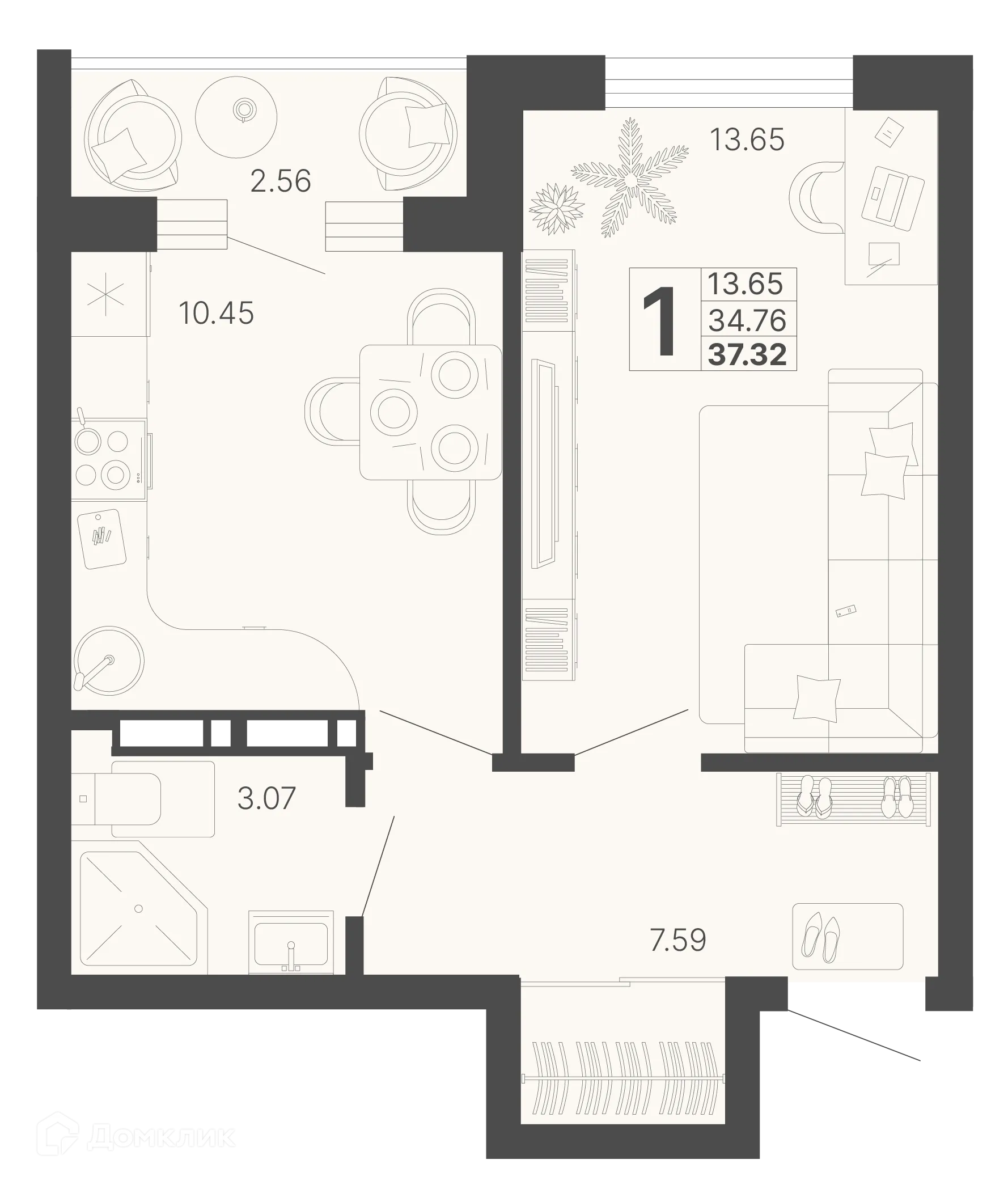 Планировка 1-комнатной квартиры 36.04 м² в ЖК Светский лес, г. Сочи — фото 1