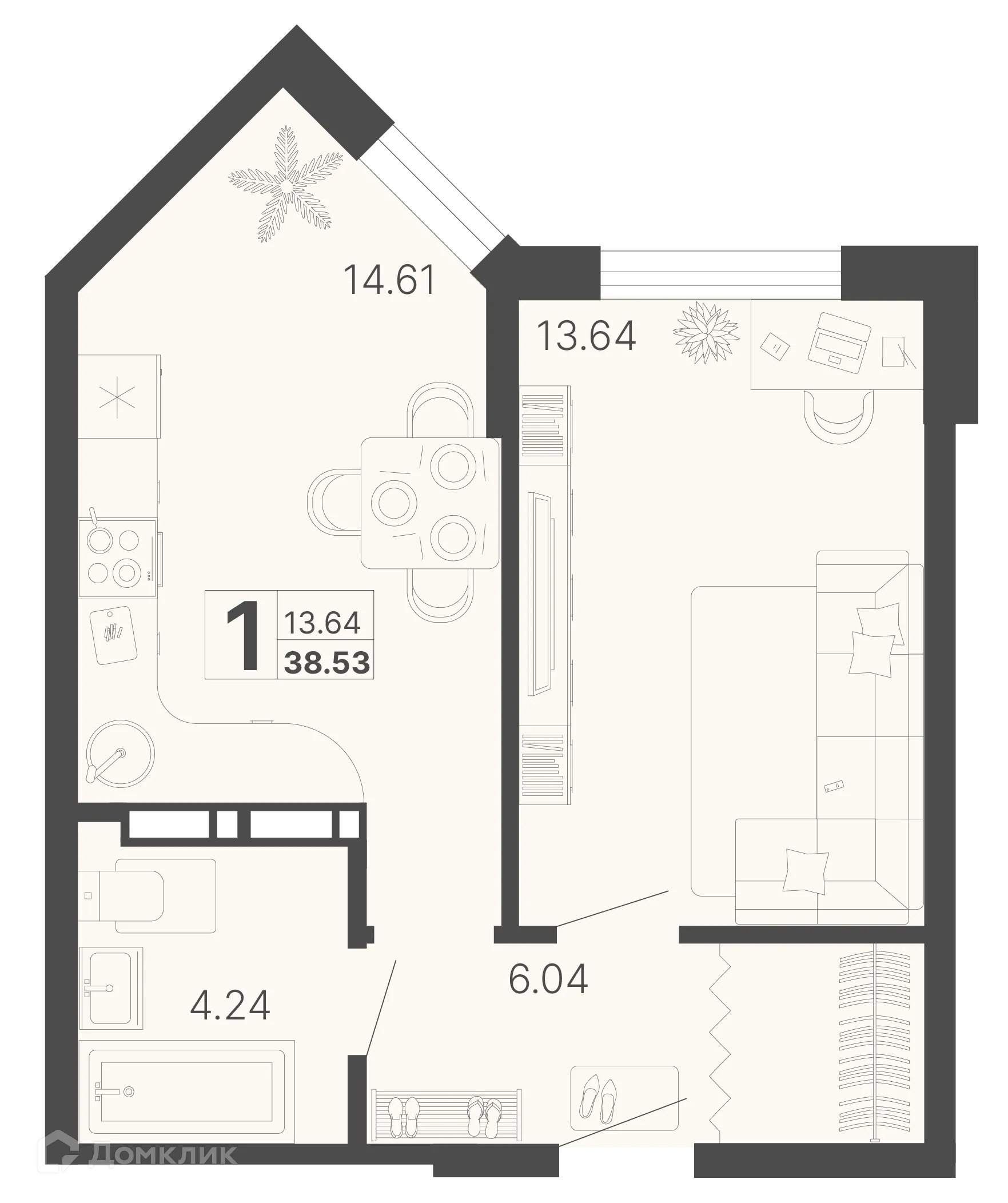 Планировка 1-комнатной квартиры 38.53 м² в ЖК Светский лес, г. Сочи — фото 1