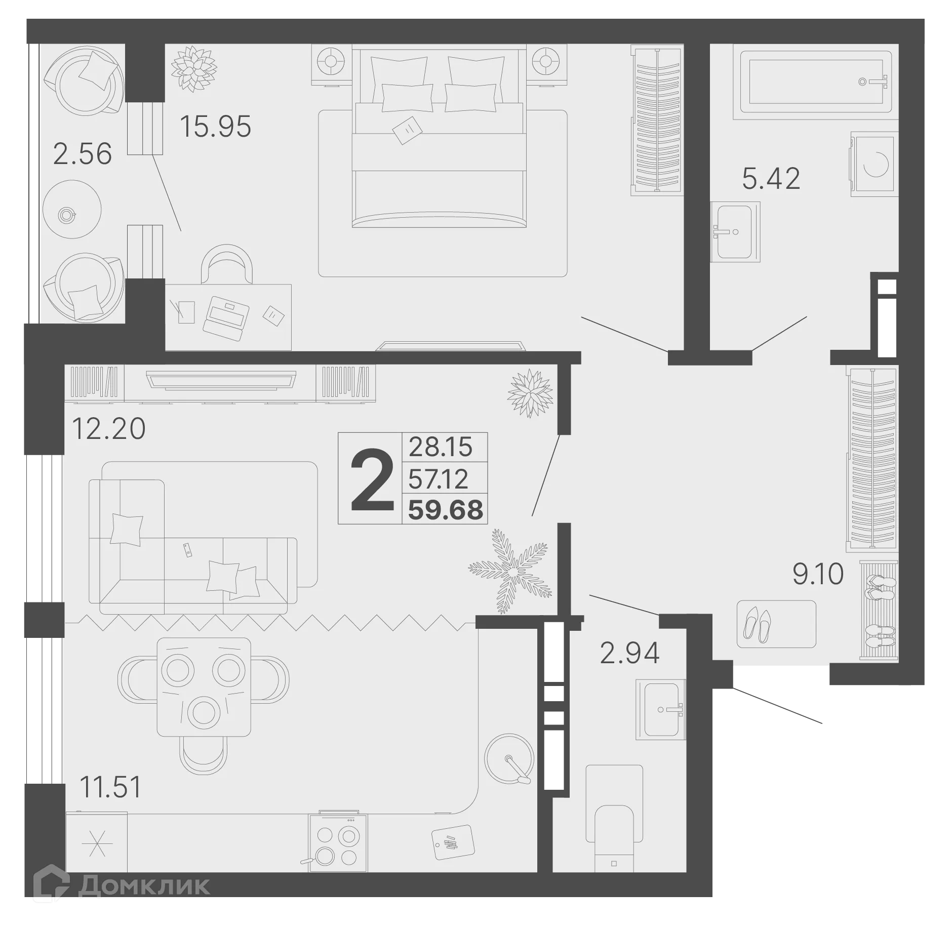 Планировка 2-комнатной квартиры 58.4 м² в ЖК Светский лес, г. Сочи — фото 1