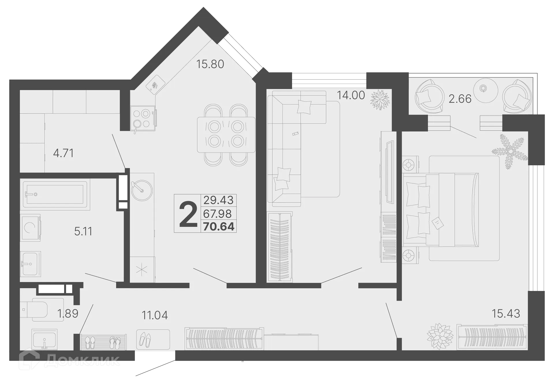 Планировка 2-комнатной квартиры 69.31 м² в ЖК Светский лес, г. Сочи — фото 1