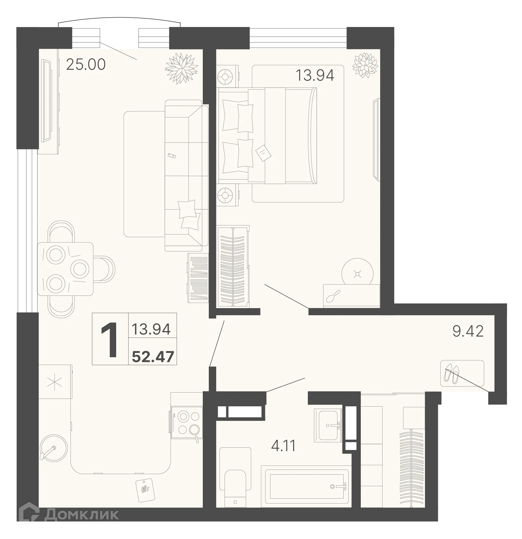 Планировка 1-комнатной квартиры 52.47 м² в ЖК Светский лес, г. Сочи — фото 1