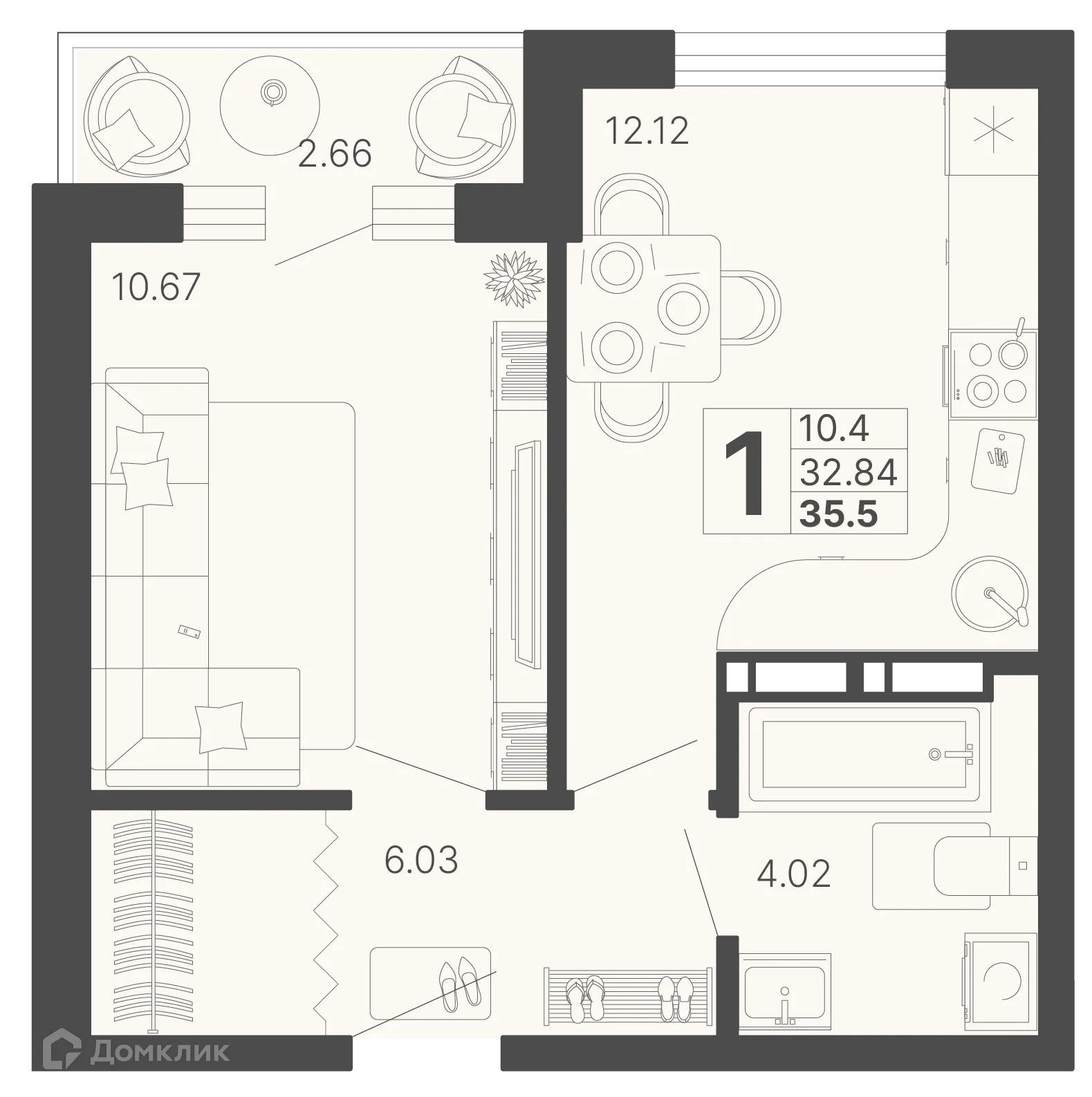 Планировка 1-комнатной квартиры 34.17 м² в ЖК Светский лес, г. Сочи — фото 1