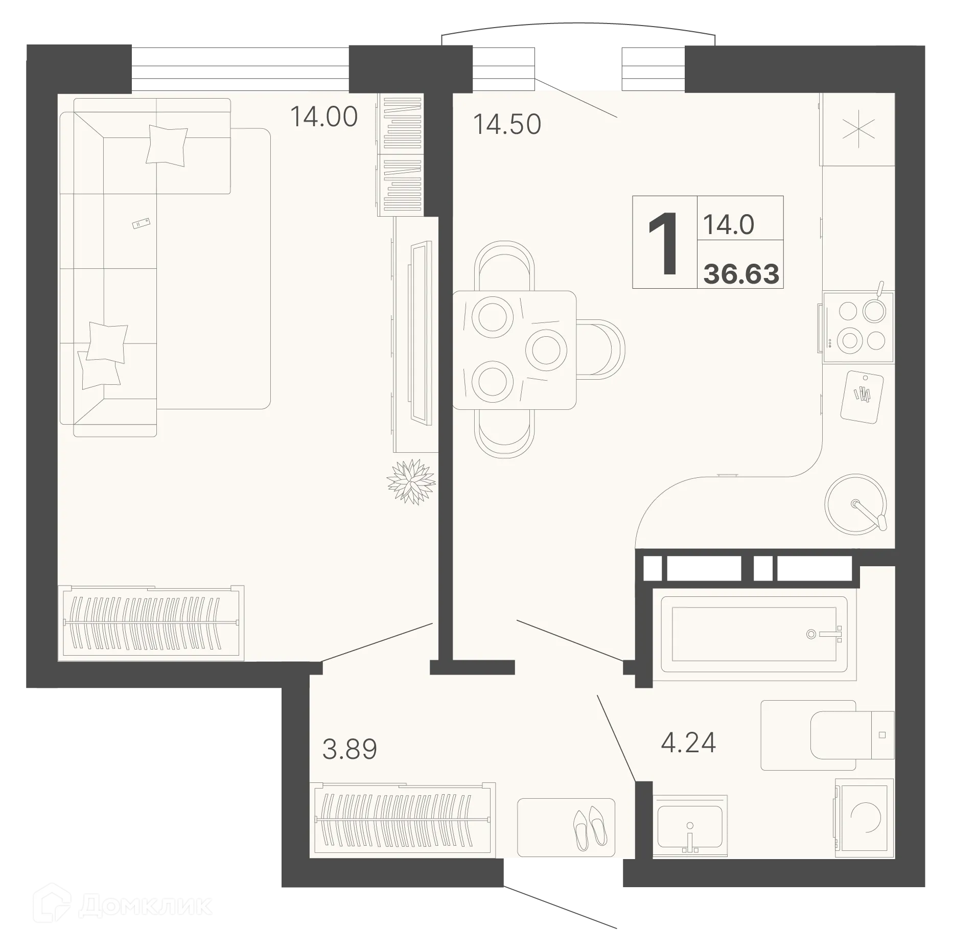 Планировка 1-комнатной квартиры 36.63 м² в ЖК Светский лес, г. Сочи — фото 1