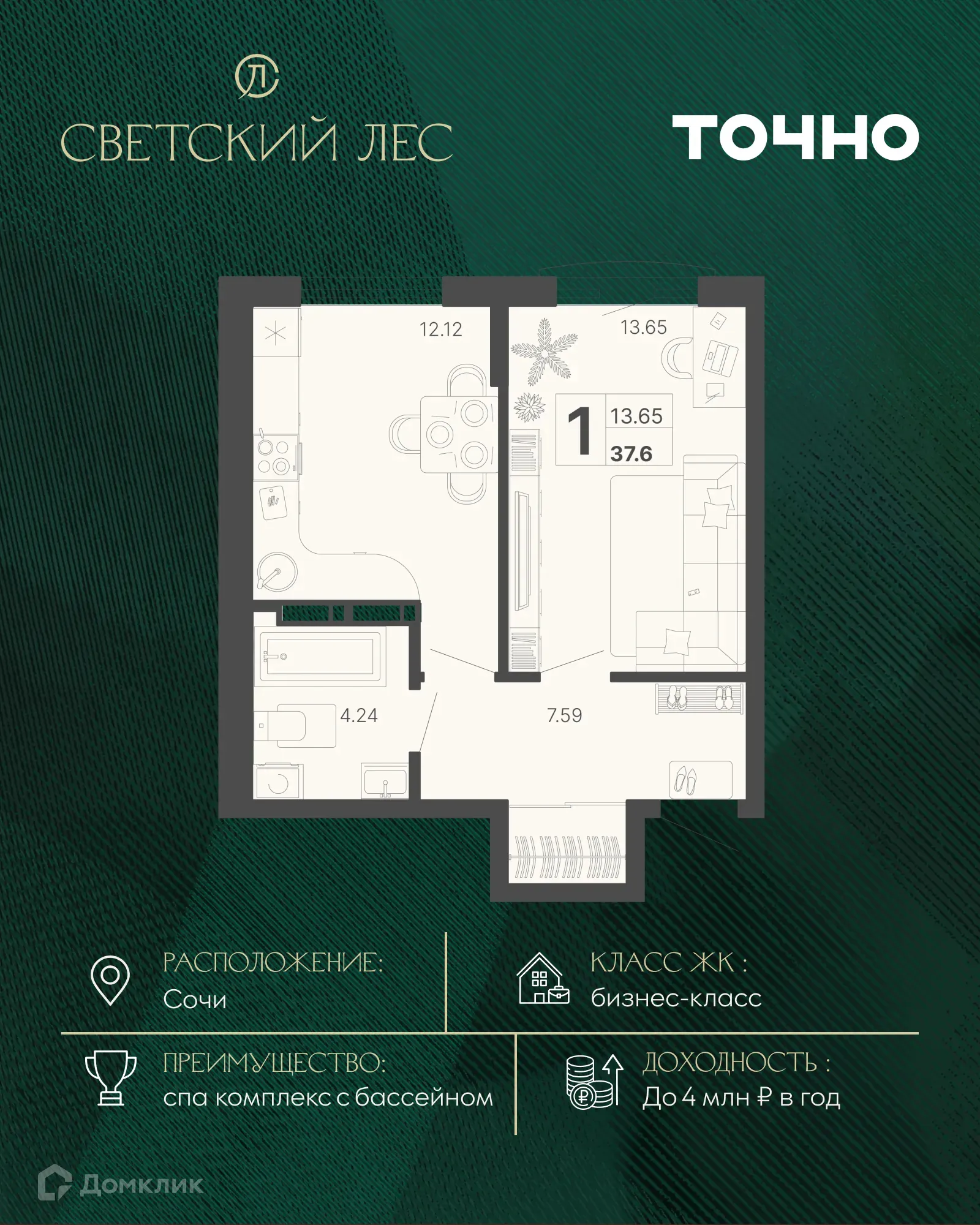 Планировка 1-комнатной квартиры 37.6 м² в ЖК Светский лес, г. Сочи — фото 1