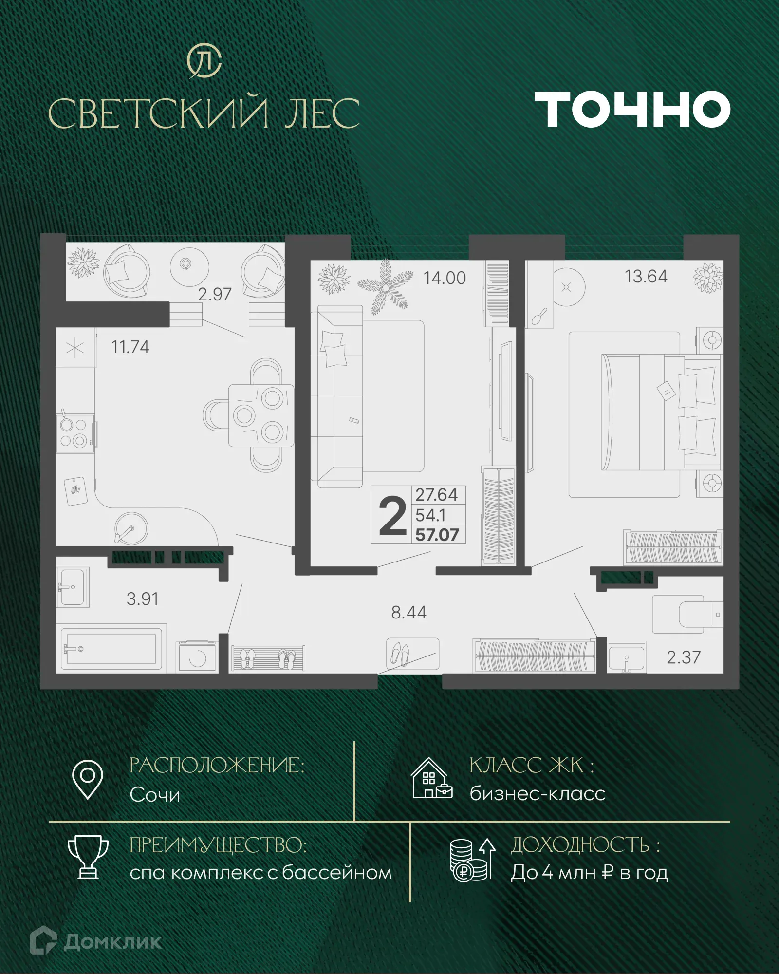 Планировка 2-комнатной квартиры 54.1 м² в ЖК Светский лес, г. Сочи — фото 1