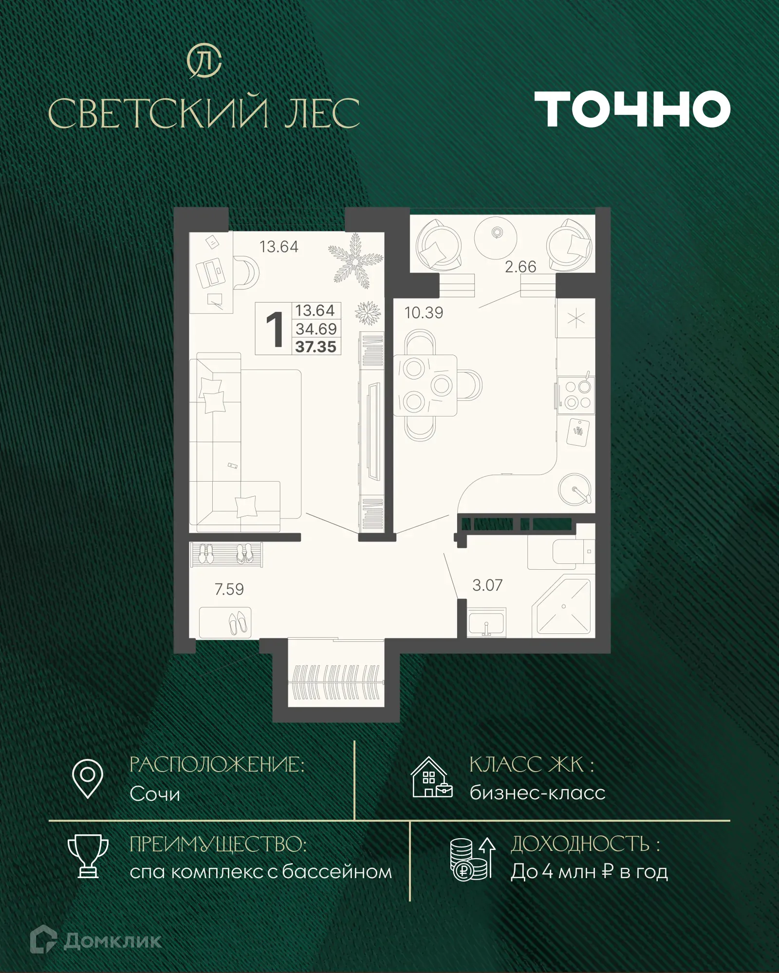 Планировка 1-комнатной квартиры 34.69 м² в ЖК Светский лес, г. Сочи — фото 1
