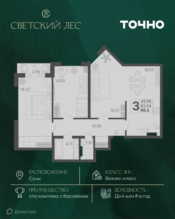 Планировка 3 комн. в ЖК Светский лес