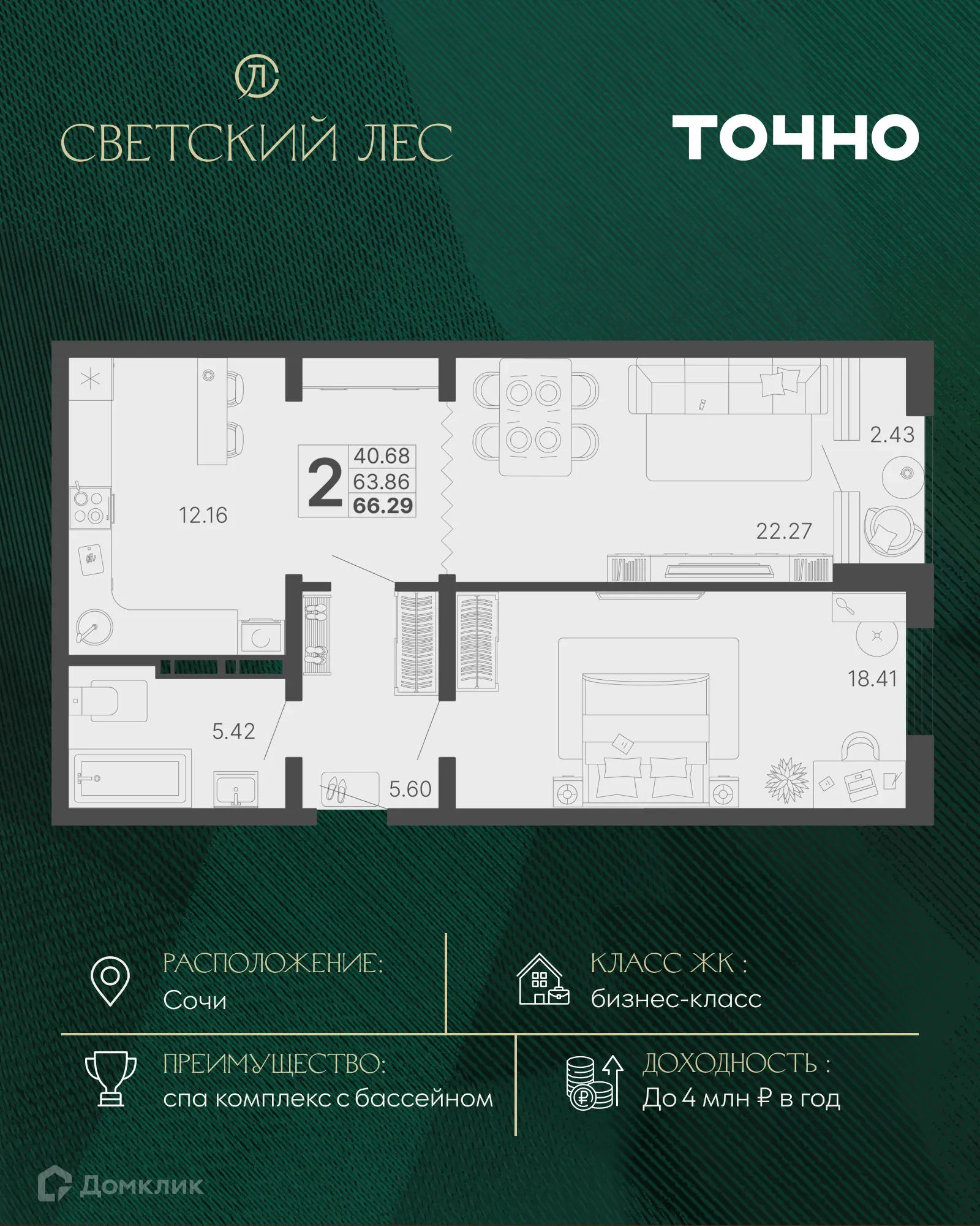 Планировка 2-комнатной квартиры 63.86 м² в ЖК Светский лес, г. Сочи — фото 1