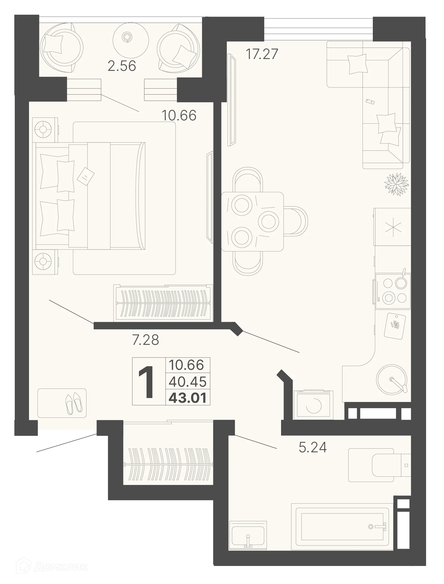Планировка 1-комнатной квартиры 40.45 м² в ЖК Светский лес, г. Сочи — фото 1