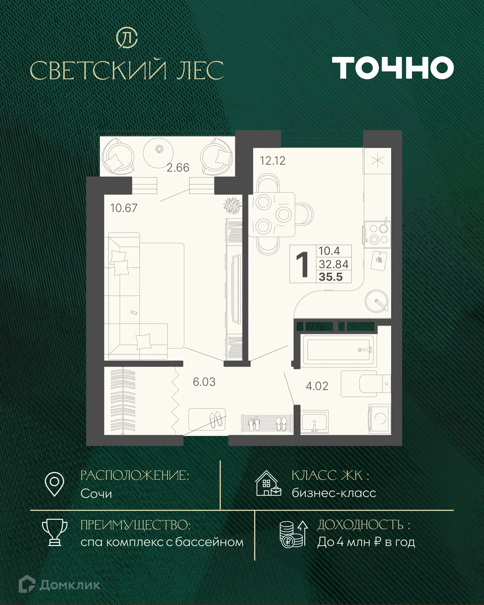 Планировка 1-комнатной квартиры 32.84 м² в ЖК Светский лес, г. Сочи — фото 1