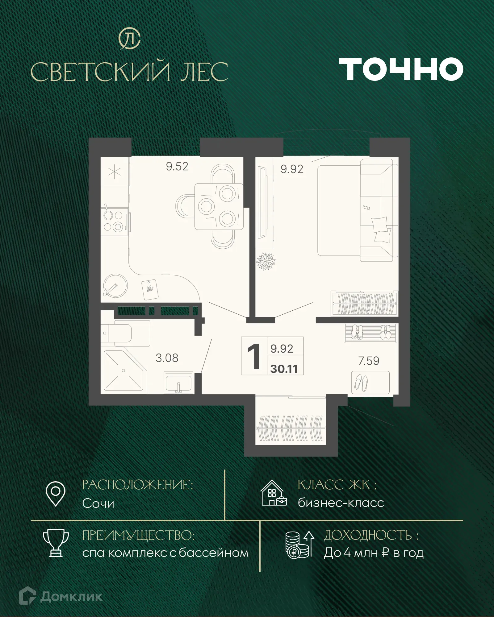 Планировка 1-комнатной квартиры 30.11 м² в ЖК Светский лес, г. Сочи — фото 1