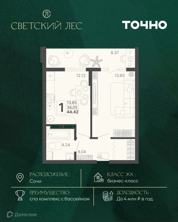 Планировка 1 комн. в ЖК Светский лес