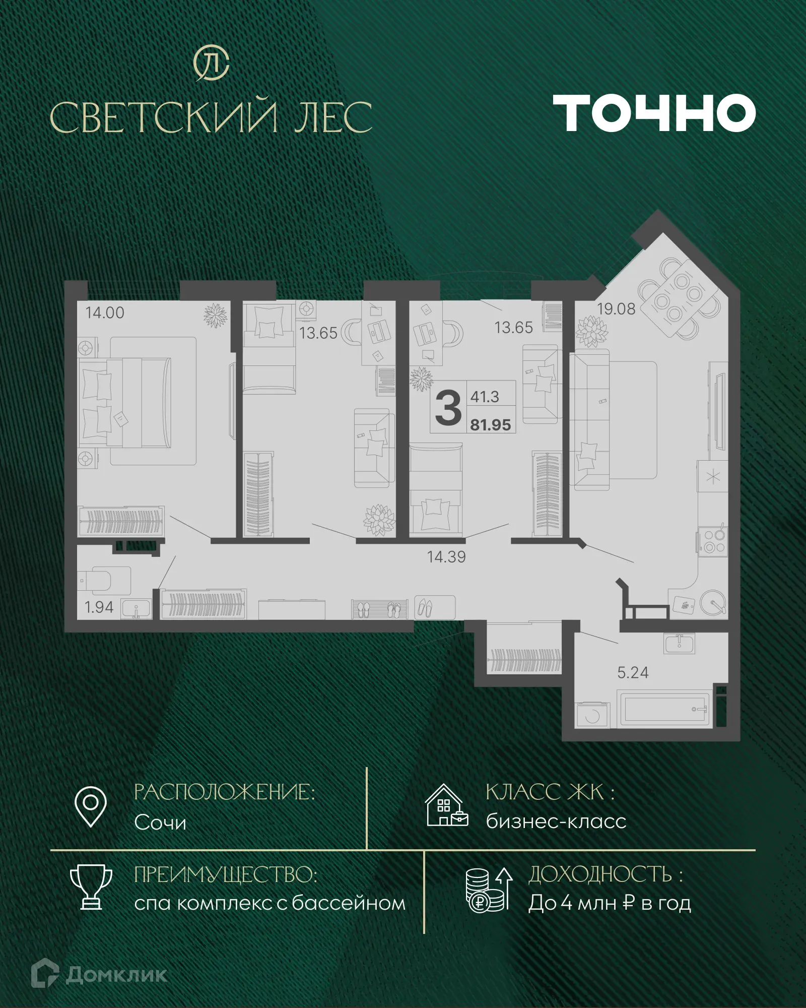 Планировка 3-комнатной квартиры 81.95 м² в ЖК Светский лес, г. Сочи — фото 1