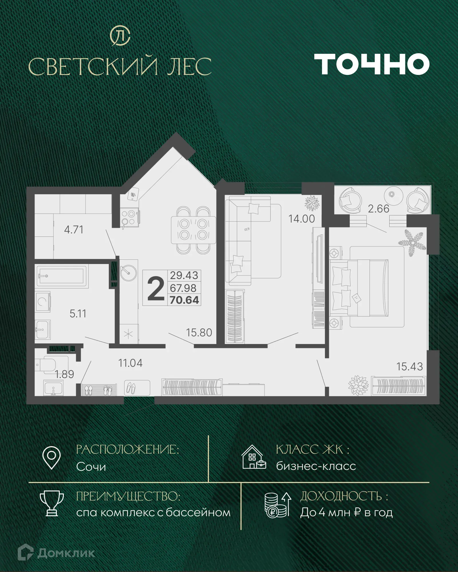 Планировка 2-комнатной квартиры 67.98 м² в ЖК Светский лес, г. Сочи — фото 1