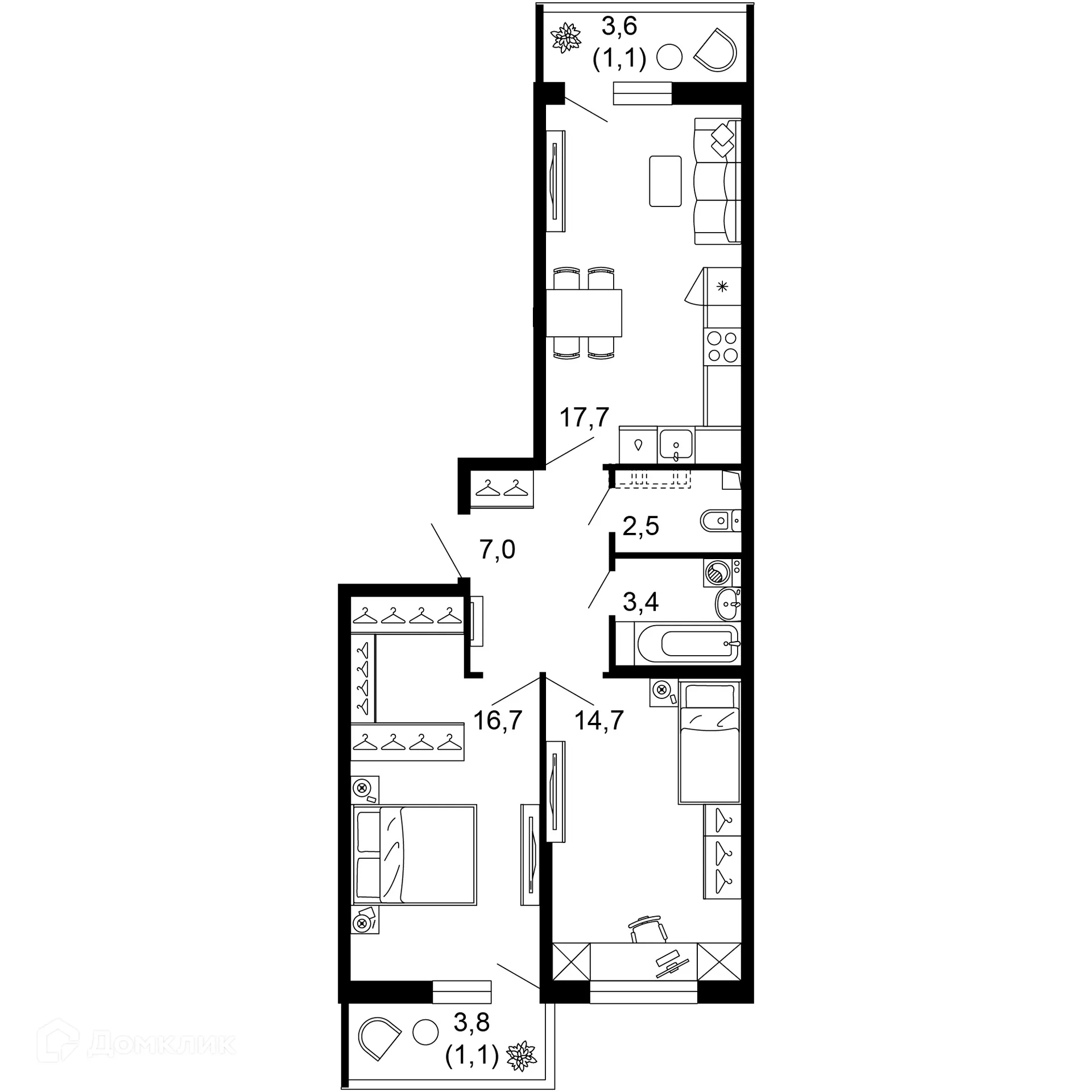 Планировка 2-комнатной квартиры 64.2 м² в ЖК ФЛОРА, г. Сочи — фото 1