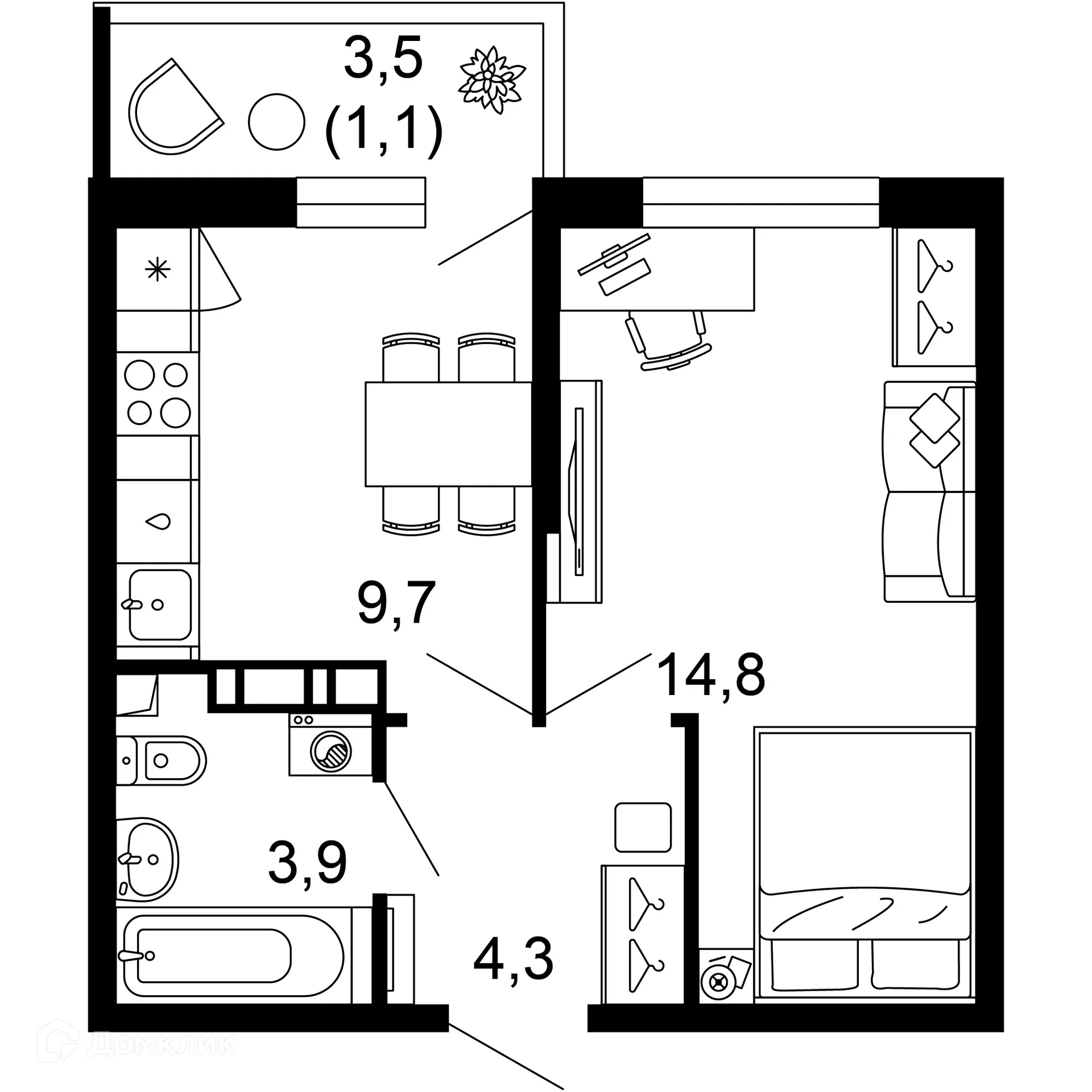 Планировка 1-комнатной квартиры 33.8 м² в ЖК ФЛОРА, г. Сочи — фото 1