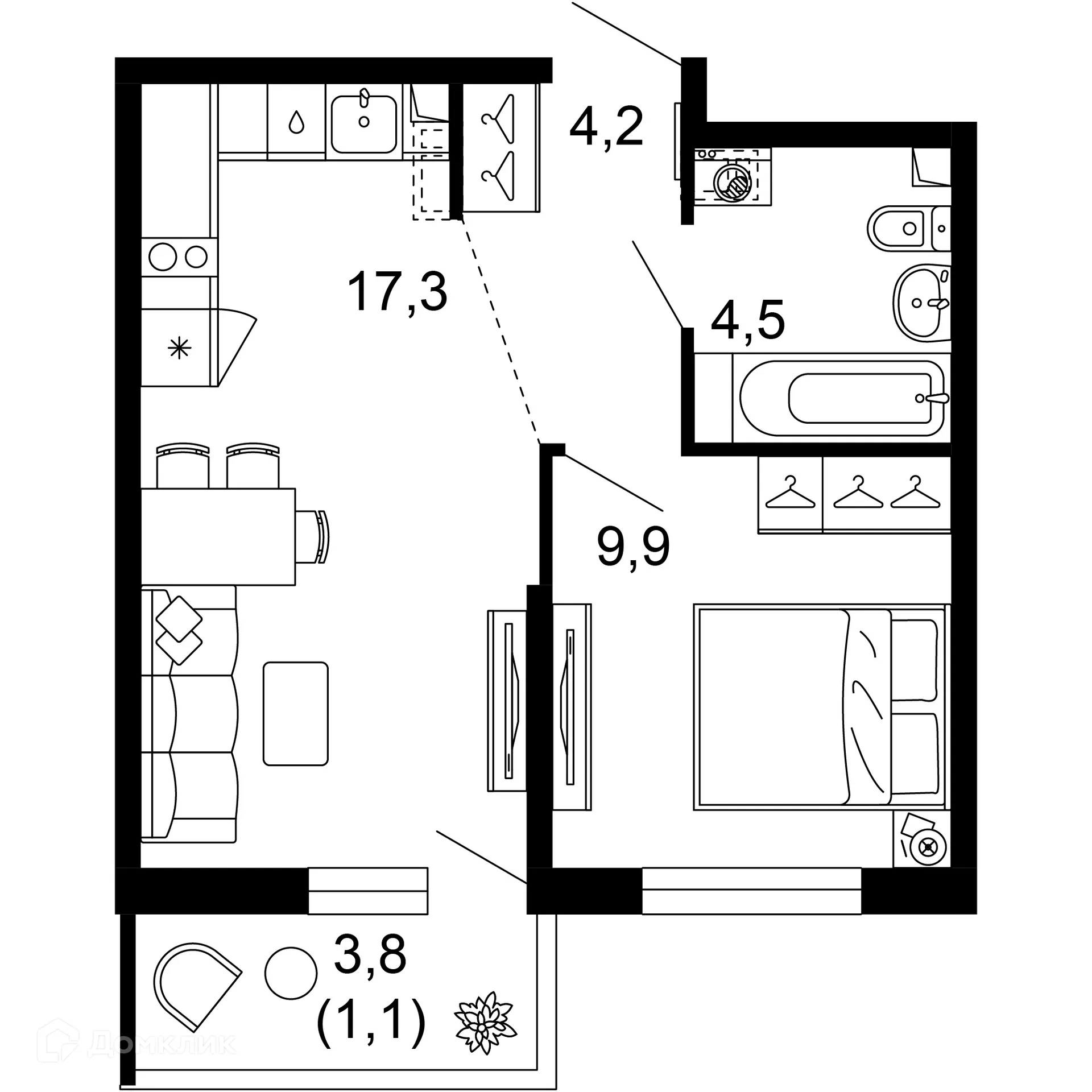 Планировка 1-комнатной квартиры 37 м² в ЖК ФЛОРА, г. Сочи — фото 1