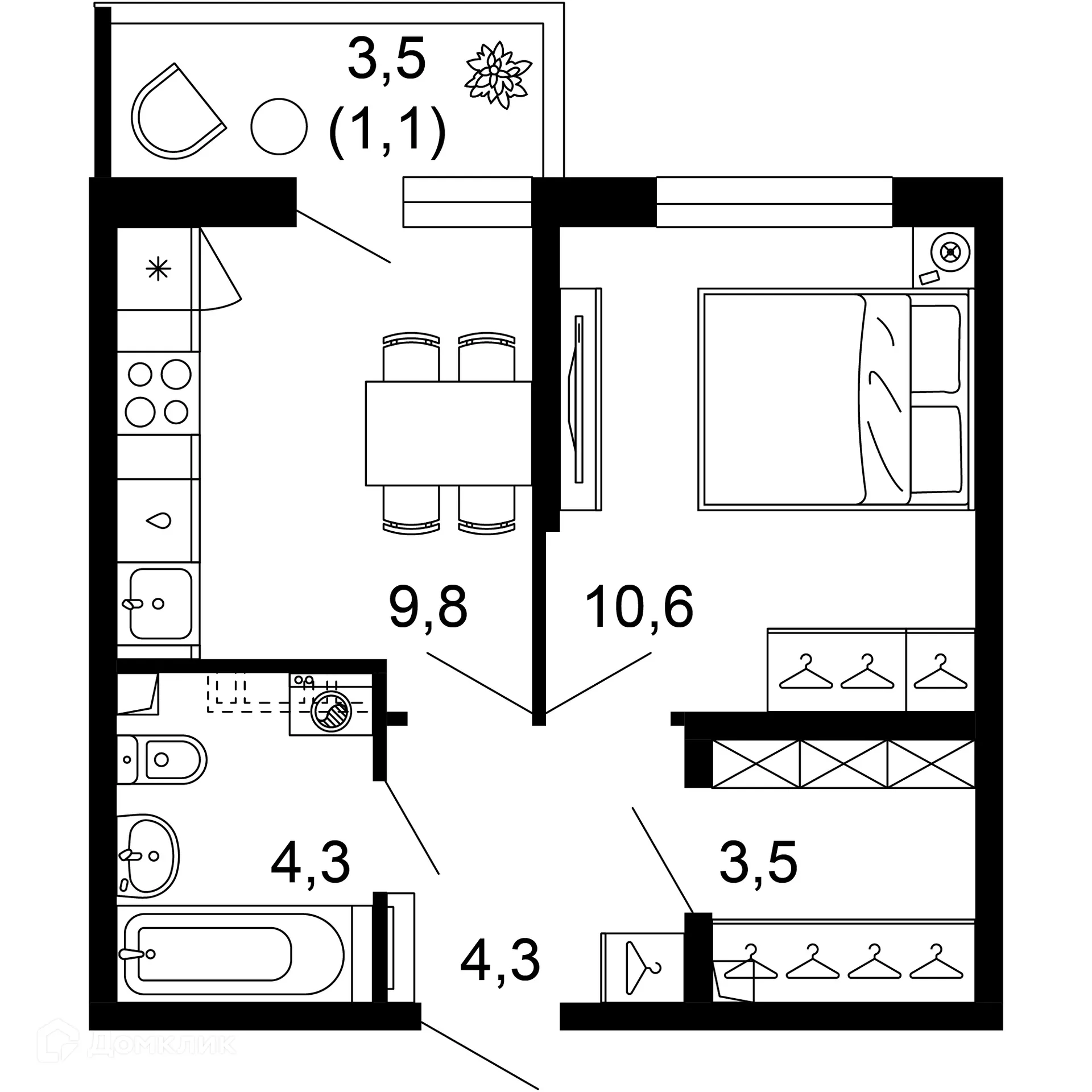 Планировка 1-комнатной квартиры 33.6 м² в ЖК ФЛОРА, г. Сочи — фото 1