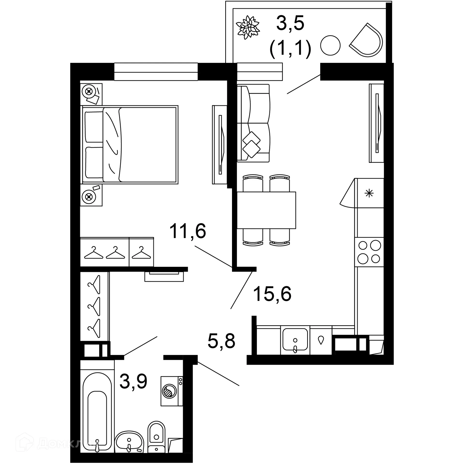 Планировка 1-комнатной квартиры 38 м² в ЖК ФЛОРА, г. Сочи — фото 1