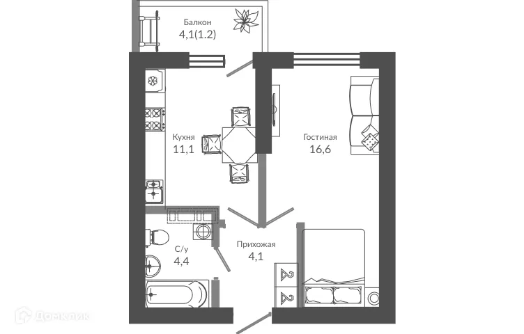 Планировка 1-комнатной квартиры 37.3 м² в ЖК ФЛОРА, г. Сочи — фото 1