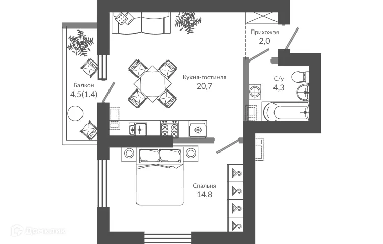 Планировка 1-комнатной квартиры 43.4 м² в ЖК ФЛОРА, г. Сочи — фото 1