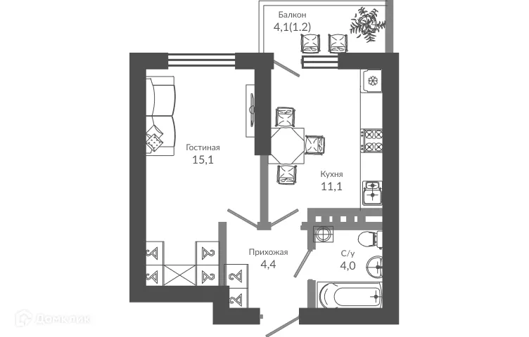 Планировка 1-комнатной квартиры 36 м² в ЖК ФЛОРА, г. Сочи — фото 1