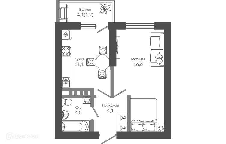 Планировка 1-комнатной квартиры 36.9 м² в ЖК ФЛОРА, г. Сочи — фото 1