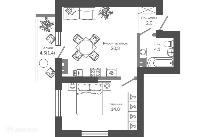 Планировка 1-комнатной квартиры 42.7 м² в ЖК ФЛОРА, г. Сочи — фото 1