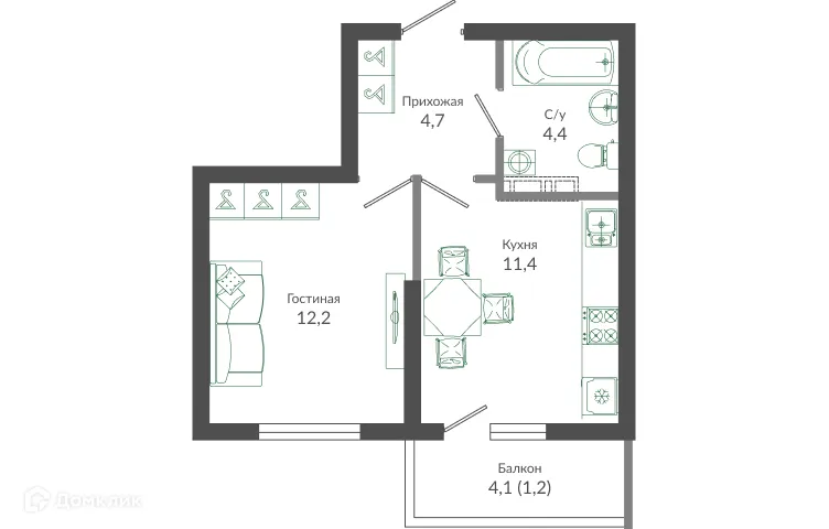 Планировка 1-комнатной квартиры 34.1 м² в ЖК ФЛОРА, г. Сочи — фото 1