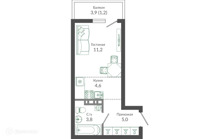 Планировка студии квартиры 25.8 м² в ЖК ФЛОРА, г. Сочи — фото 1