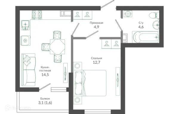Планировка 1 комн. в ЖК ФЛОРА