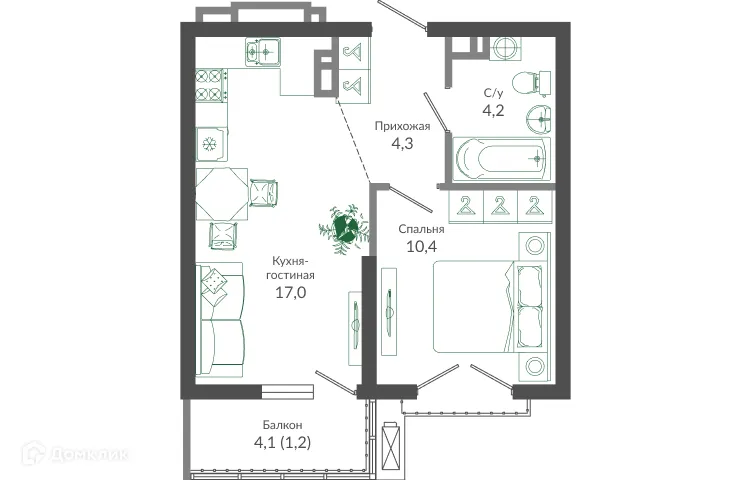 Планировка 1-комнатной квартиры 37.4 м² в ЖК ФЛОРА, г. Сочи — фото 1