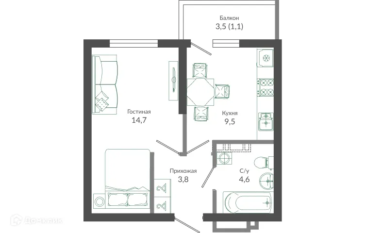 Планировка 1-комнатной квартиры 33.9 м² в ЖК ФЛОРА, г. Сочи — фото 1