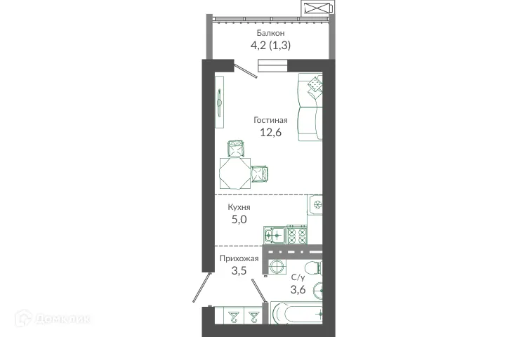 Планировка студии квартиры 25.9 м² в ЖК ФЛОРА, г. Сочи — фото 1
