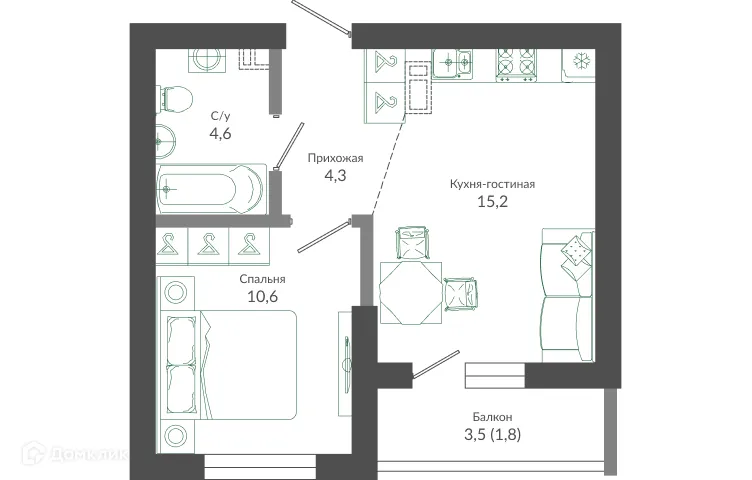 Планировка 1-комнатной квартиры 36.7 м² в ЖК ФЛОРА, г. Сочи — фото 1