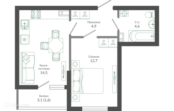 Планировка 1 комн. в ЖК ФЛОРА