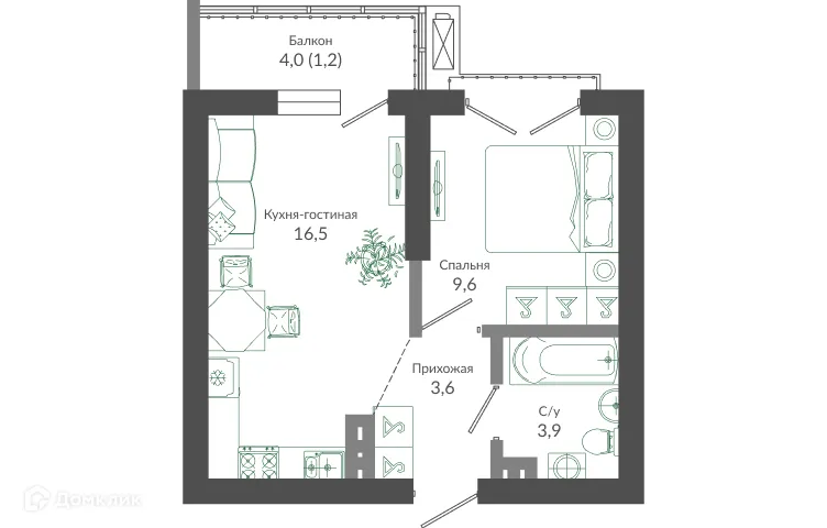 Планировка 1-комнатной квартиры 34.9 м² в ЖК ФЛОРА, г. Сочи — фото 1