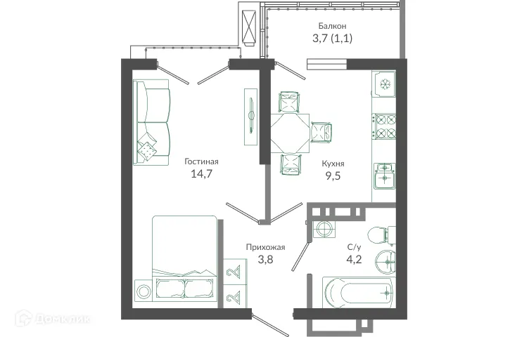 Планировка 1-комнатной квартиры 33.6 м² в ЖК ФЛОРА, г. Сочи — фото 1