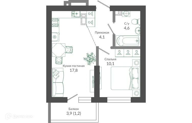 Планировка 1-комнатной квартиры 38.1 м² в ЖК ФЛОРА, г. Сочи — фото 1
