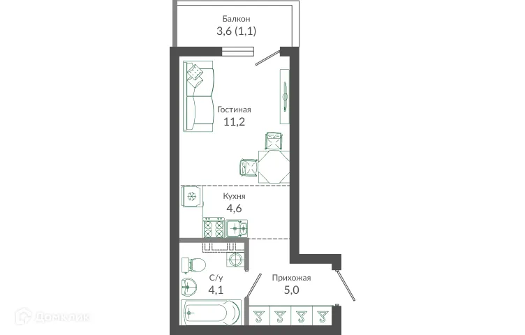Планировка студии квартиры 26.1 м² в ЖК ФЛОРА, г. Сочи — фото 1