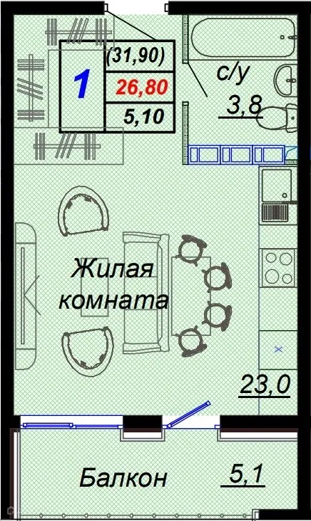 Планировка студии квартиры 31.9 м² в ЖК "Чайные холмы", г. Сочи — фото 1