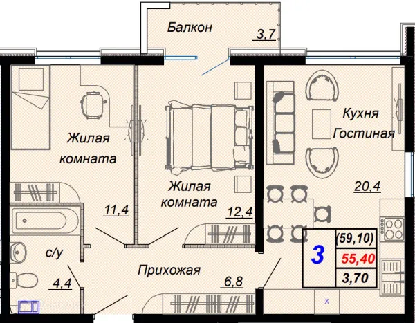 Планировка 3 комн. в ЖК "Чайные холмы"