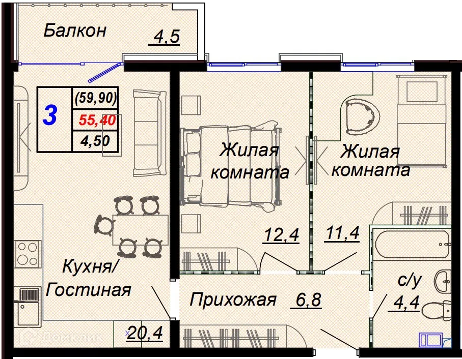 Планировка 3-комнатной квартиры 59.9 м² в ЖК "Чайные холмы", г. Сочи — фото 1