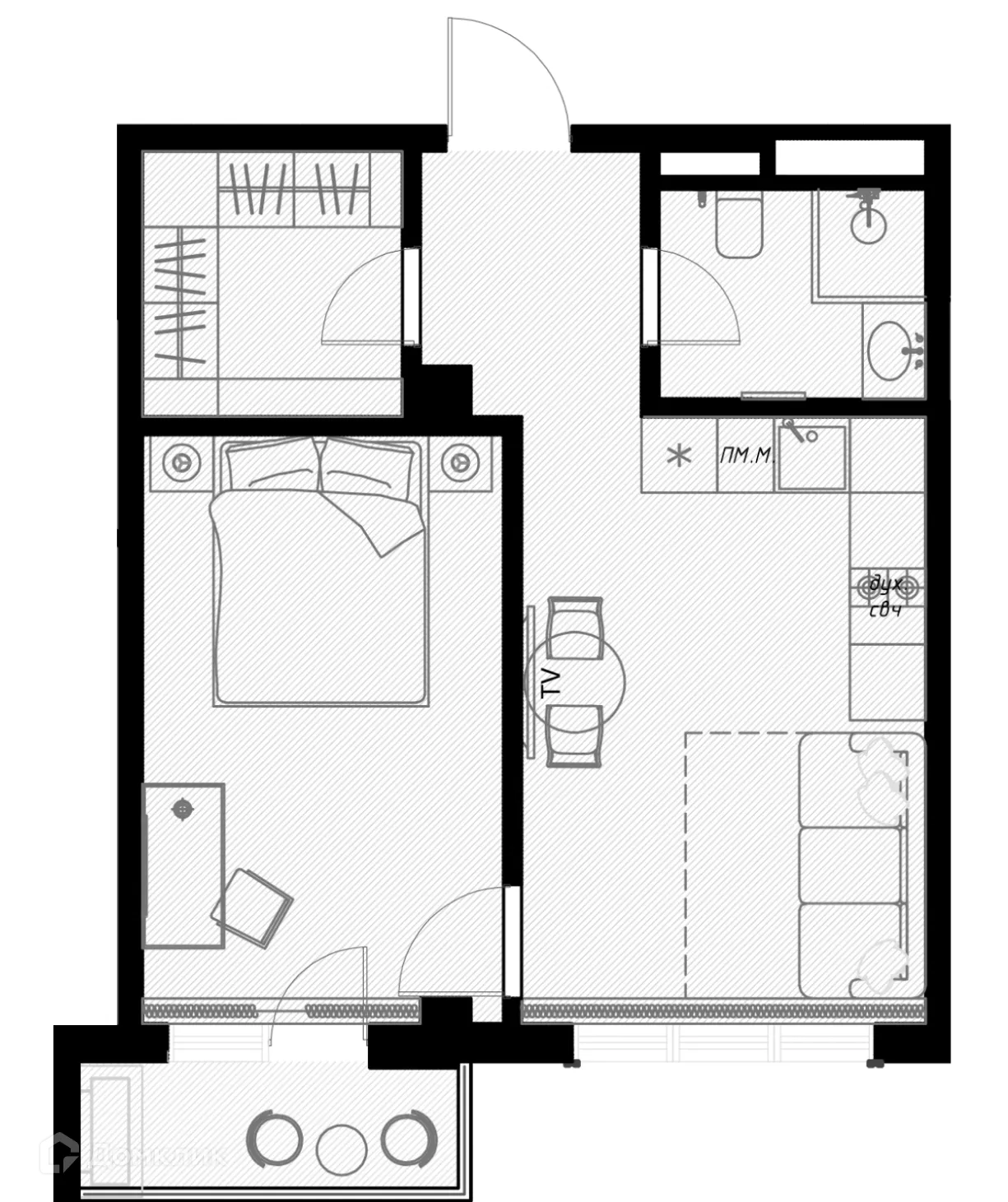 Планировка 1-комнатной квартиры 44.7 м² в ЖК OLIVIA (ОЛИВИА), г. Сочи — фото 1
