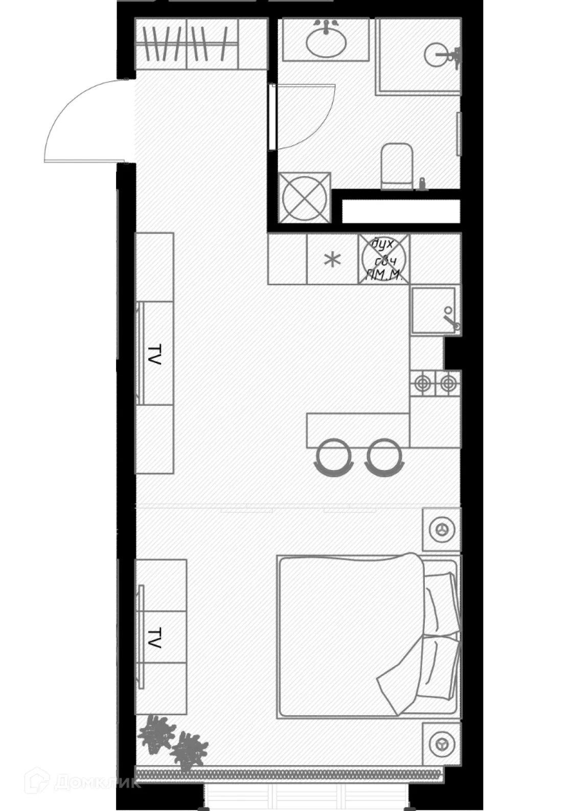 Планировка 1-комнатной квартиры 33.2 м² в ЖК OLIVIA (ОЛИВИА), г. Сочи — фото 1