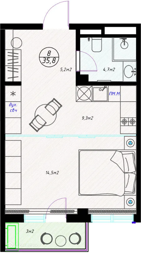 Планировка студии квартиры 35.7 м² в ЖК OLIVIA (ОЛИВИА), г. Сочи — фото 1