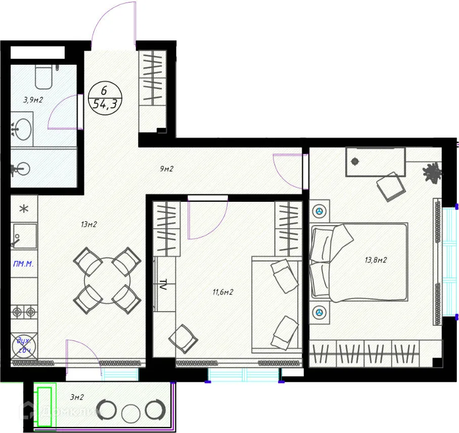 Планировка 2-комнатной квартиры 54.1 м² в ЖК OLIVIA (ОЛИВИА), г. Сочи — фото 1