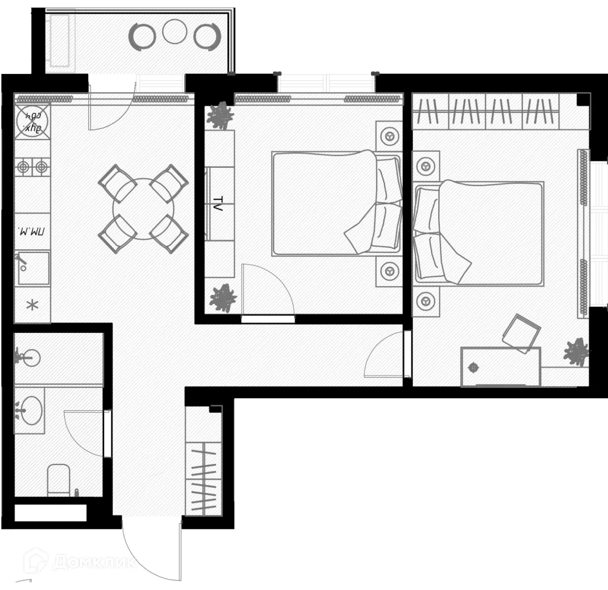 Планировка 2-комнатной квартиры 54.3 м² в ЖК OLIVIA (ОЛИВИА), г. Сочи — фото 1